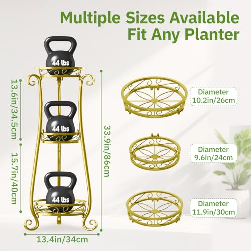 KMOTASUO 3 Tier Metal Plant Stand for Multiple Large Planters Indoor Outdoor Organizer, Heavy Duty Tall Flower Rack for Corner Patio Bathroom Office Corner, Modern Sturdy Vertical Iron Rack, Gold - color: Gold, size: 3 Tier