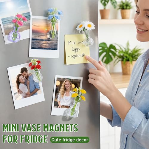 8PCS Mini Glass Vase Refrigerator Magnets with Artificial Flowers, Cute Tiny Flower Fridge Magnets for Refrigerator Office and Kitchen Cabinet Decoration