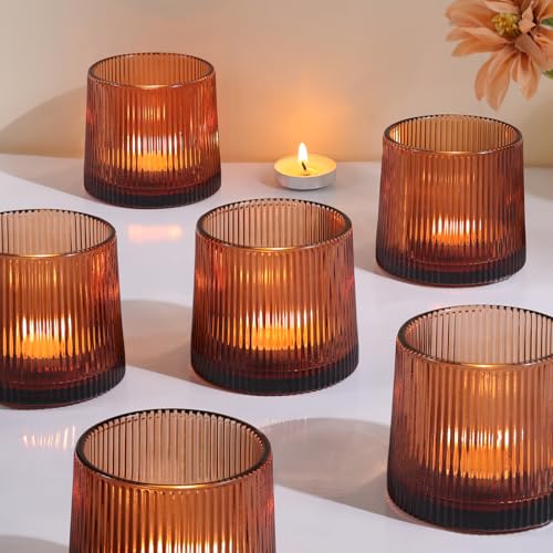 Amber Ribbed Tealight Votive Candle Holders- 6Pack Glass Candle Holders for Table Centerpiece, Home Decor, Wedding Decor, Party Dinner - color: Amber, size: 6Pcs