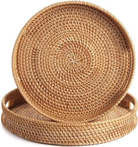 2 Pack Round Rattan Tray, Hand Woven Serving Tray with Handles, Wicker Serving Basket, Decorative Tray for Home Decor, Natural (11.8 + 14 inch) - color: Natural, size: 11.8" + 14"