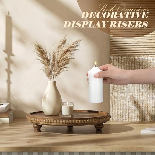 EOSAHR Acacia Wood Beaded Round Display Riser for Room Decor – 3-Leg Wooden Pedestal Stand for Coffee Table Decor, Cake Stand, Perfume & Vanity Organizer – Boho Home Decor for Kicthen Counter (Acacia Wood) - color: Acacia