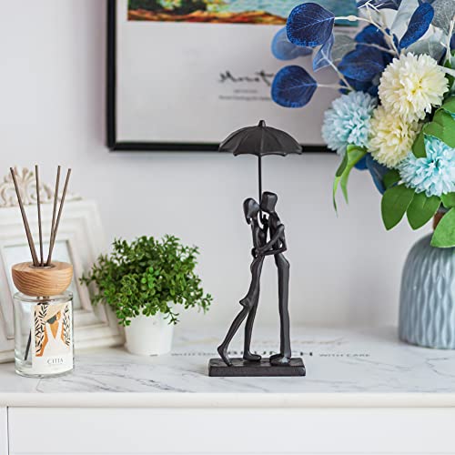Sziqiqi Iron 6th Sculpture for Wife - Black Metal Couple Statue Kissing Under Umbrella Man Woman Sculpture Figurines for Shelf Mantel Fireplace Entry Bookshelf Television Room - style: Umbrella