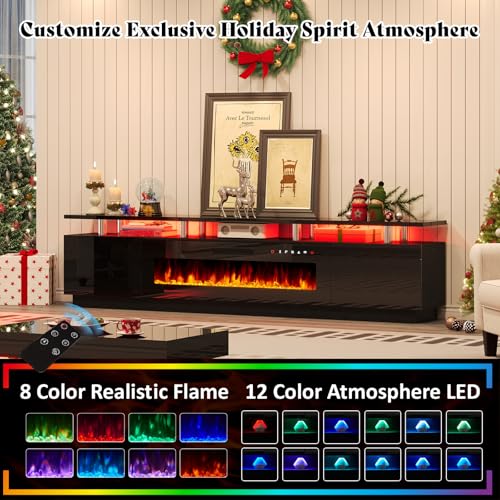 AMERLIFE 90" High Gloss 2 Tier TV Stand with 50" Electric Fireplace, Modern Luxury Large Entertainment Center/w LED Lights, Media Console Table Storage Cabinet for TVs Up to 100", Living Room, Black - color: Black, size: 90"
