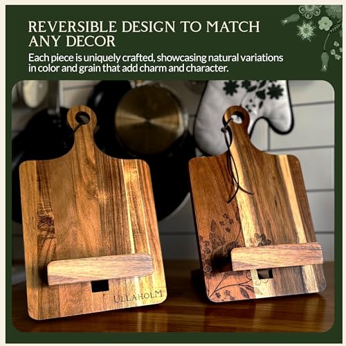 Wood Cookbook Stand for Kitchen Counter, Mother's Day Gift for Mom, Reversible Acacia Recipe Book Holder, Cooking Measurement Conversion Card, Adjustable Tablet Holder, Charging Cable Slot - style: Country Rustic
