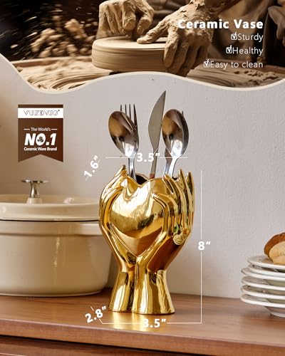 8" Heart Hand Gold Ceramic Vase - Unique Modern Aesthetic Flowers Vase for Living Room Bedroom Office Kitchen Table Centerpiece or Shelf Decor-Gifts for Wedding Bridal Shower Women Mom (Gold) - color: Gold