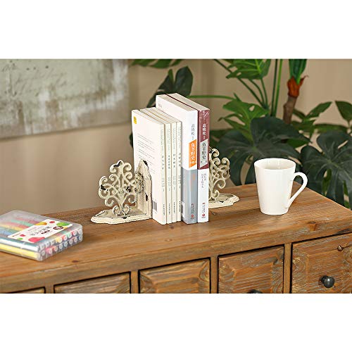 Heavy Duty Book Ends Set of 2, Medallions Decorative Bookends, Cast Iron Book Ends for Shelves, Shabby Chic White.
