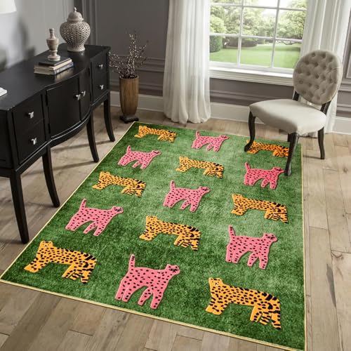 Leopard Washable Rugs, Green Cute Cheetah Tropical Animals Boho Vintage Distressed Hippie 3x5 Area Rugs for Dining Living Room Bedroom Kitchen Nursery, Oriental Aesthetic Tribal Indoor Entryway Carpet - color: Green, size: 3' x 5'