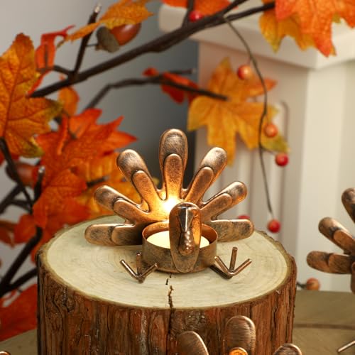 FORUP Metal Turkey Candle Holders, Set of 12 Thanksgiving Home Decor with Tea Light Candles
