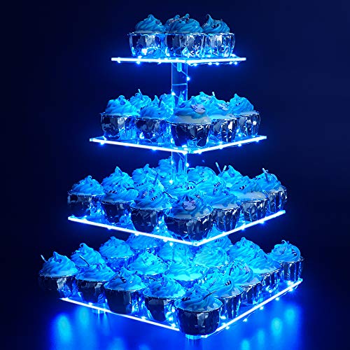 YestBuy 4 Tier Acrylic Cupcake Stand Afternoon Tea Cake Stand Large Cupcake Stand Cupcake Tower Cupcake Holder for Pastry + LED Light String Ideal for Weddings Birthday Bar Party Décor (Blue Light) - color: Blue, size: 4 tier