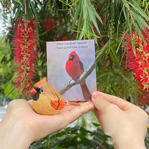 Handmade Wooden Northern Cardinal Figurine - 3.7" Hand-Carved Female Bird Statue - Solid Basswood Bird Sculpture for Home Decor, Christmas Ornament, Memorial & Bird Lover Gift - color: Yellow