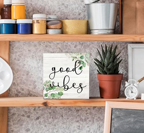 SRADMO Inspirational Botanical Eucalyptus Leaves Wood Box Sign Desk Decor, Rustic Green Eucalyptus Leaves Wooden Block Box Sign Decor for Home Office Shelf Table Decorative Accessories - color: Eucalyptus leaf, size: 5″×5″