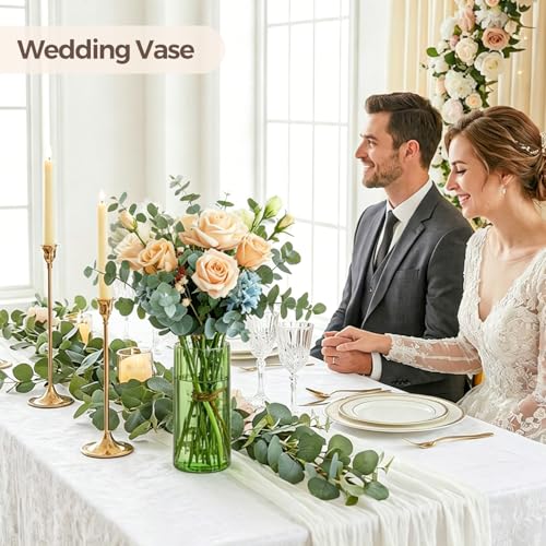 ComSaf Glass Cylinder Vases, Bud Vase for Centerpieces, 8 Inch Tall Ribbed Vase Hurricane Floating Candle Holder, Decorative Flower Vases for Wedding Reception, Home Decor, Housewarming Gift (Green) - color: Green