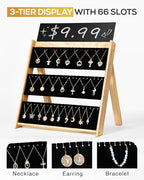 BS-VOG Necklace Display for Vendors, Foldable Jewelry Display Stand for Selling 66 Necklaces, 3-Tier Wood Jewelry Holder Storage Organizer with Black Velvet for Craft Shows & Boutiques