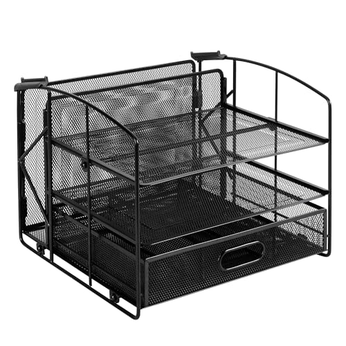 Amazon Basics Sturdy Rectangular Desktop Organizer with 3 Trays, Sliding Drawer and Hanging File Holder for Office Supplies, Black