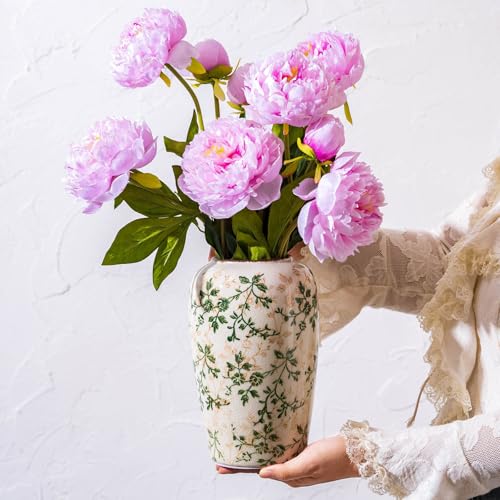 Vintage Pastoral Green Ceramic Flower Vase 8.5”, Rustic Cottage Core Decor for Living Room, Bookshelf, Office, Mantel & Table Centerpiece - color: 16-green and Beige