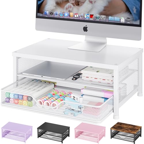 OPNICE Computer Monitor Stand Riser, Desk Organizer with Drawer, Laptop Stand, Office Desk Accessories & Workspace Desktop Organizers Storage for Office Supplies(White) - color: White