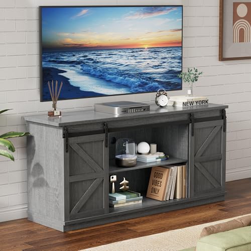 YESHOMY TV Stand for Televisions up to 65 Inches, with Sliding Barn Doors and Storage Cabinets, Console Table and Media Furniture for Living Room, 58 Inch, Gray - color: Grey, style: Sliding Barn Doors TV Stand