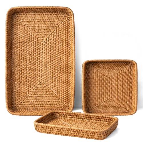 Set of 3 Rattan Serving Trays – Handwoven Wicker Trays for Bathroom, Kitchen, Coffee Table, Ottoman; Modern Farmhouse, Boho, Rustic & Coastal Home Decor - style: Natural Rattan Trays