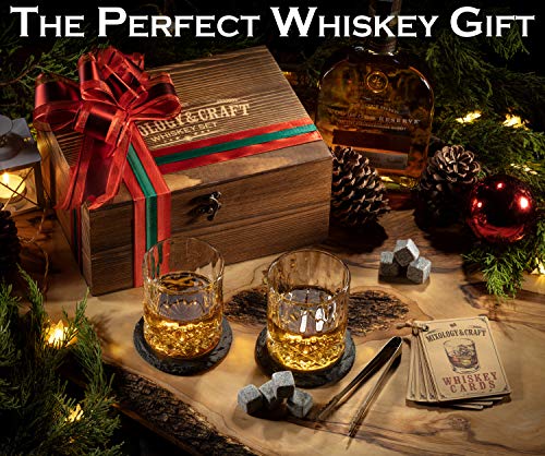 Mixology & Craft Whiskey Glasses Gift Set for Men 13-Piece with Pack of 2 Diamond Cut Glasses w/ 8 Granite Chilling Stones, 2 Coasters, Tongs & Cocktail Recipe Book in Wooden Crate - size: Light Latch Crate