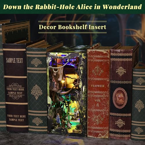 CCCDF Book Nook Kit, Booknook Kit with Dust Cover for Adult DIY Miniature House Kit 3D Wooden Puzzle Decorative Bookend Bookshelf Decor Gift for Women Teens (Alice Down The Rabbit Hole) - style: Alice Down The Rabbit Hole