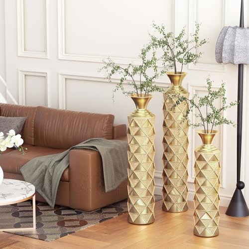 Floor Vases, Tall Home Decor Metal Vase Set of 3 Large Glazed Decorative Vases for Wedding Decor, Elegant Modern Flower Holder for Living Room, Entryway, Hallway, Dining Room - color: Geo Gold