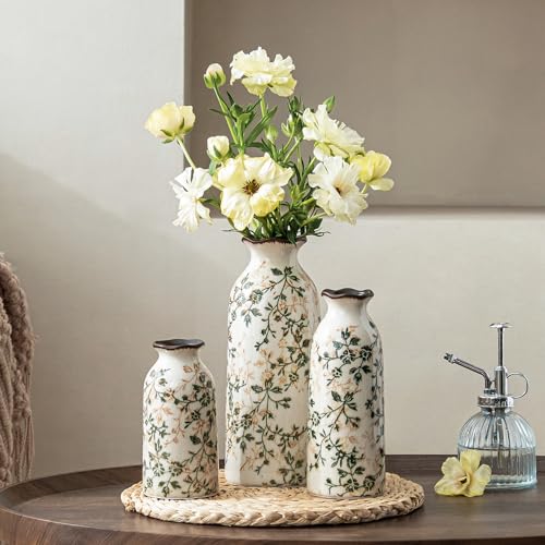 Ceramic Vase Set of 3, Vintage Green & Beige Chinoiserie Floral Vases, Rustic Grandmillennial Farmhouse Decor for Living Room, Kitchen, Bedroom - color: 05-green and Beige-set of 3