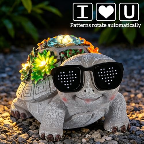 Unique Solar Garden Turtle Statue with I Love You LED Sunglasses and Succulent LED Lights, Lawn Decor Tortoise Figurine for Patio, Balcony Yard Ornament for Mom, Women & Grandma - style: Turtle