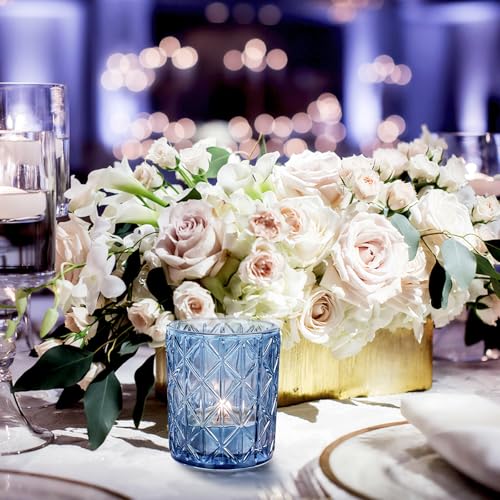24pcs Blue Votive Candle Holders, Glass Votives Candle Holder in Bulk for Table Centerpieces, Tea Lights Candle Holder for Wedding Party Holiday Decor (Blue,24) - color: Blue