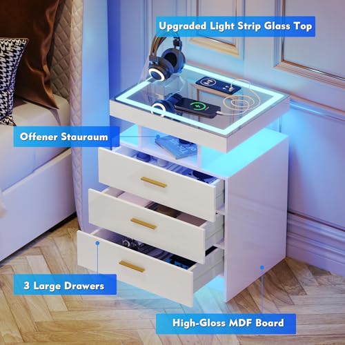 Lvifur LED Nightstand with Wireless Charging Station, Auto Sensor 3 Color Dimmable Night Stand, Modern Bedside Table with 3 Drawers & 3 Open Compartments for Bedroom, White - color: White 3 Drawers-glass Top