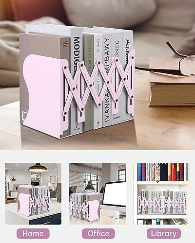Honagu Adjustable Bookends, Metal Book Ends for Shelves Heavy Book, Desk Magazine File Organizer for Home, Office, Books, Papers, Extends up to 19 inches (Macaron Pink) - color: Macaron Pink