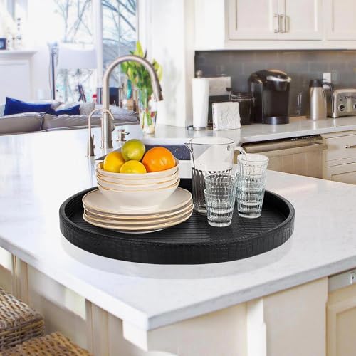 HofferRuffer Round Serving Tray 20'', Elegant Faux Leather Circle Ottoman Table Tray, Serve Tea Coffee Breakfast in Bedroom Living Room Kitchen (Classic Black) - color: Black, size: 20"