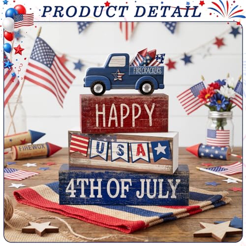 CroBlissful 4 Pcs 4th of July Decorations Patriotic Memorial Day Tabletop Decorations Red White Blue Table Centerpieces Sign for Office Tiered Tray Home Shelf 250th Anniversary(Happy Usa) - style: Happy Usa