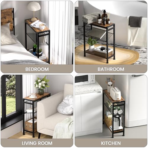 Small Side Table for Small Space, 3-Tier Narrow End Table with Magazine Holder,Slim Nightstand, Skinny Snack Couch Table in Living Room, Bedroom Study and Balcony (Rustic Brown &Black) - color: Rustic Brown