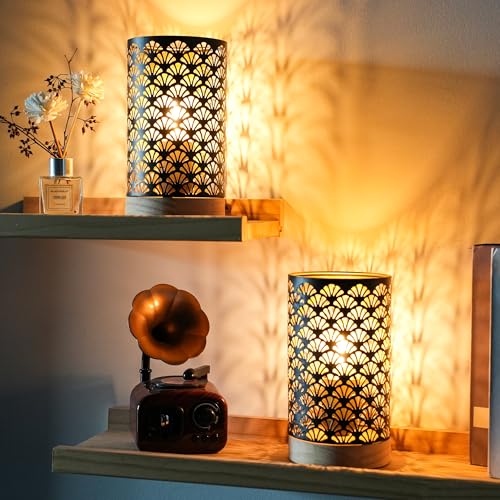 JHY DESIGN Set of 2 Metal Battery Powered Lamps 7.5''H Accent Cordless Lamps with 6-Hours Timer for Weddings Party Patio Garden Indoors Outdoors Table Balcony（Wooden Base） - color: Black