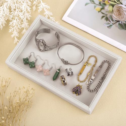 Mornajina 9" x 5.7" Velvet Jewelry Tray Jewelry Display Tray, Stackable Empty Plate Trays for Earrings Necklaces Bracelet Rings Display Showcase - Beige - color: Beige, size: Flat Tray 9"x5.7"