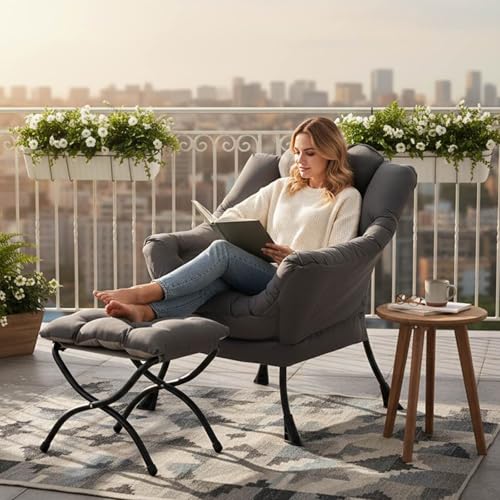 Tiita Lazy Chair with Ottoman, Modern Large Accent Lounge Chair, Leisure Sofa Armchair with Ottoman, Reading Chair with Footrest for Bedroom, Living Room, Dorm Rooms, Garden Dark Grey - color: Dark Grey