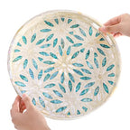 Mother of Pearl Decorative Serving Tray, 12 Inch Round Decorative Table Tray, Wood Coffee Table Ottoman Tray with Handles for Home Decor, Centerpiece Display,Tea, Breakfast