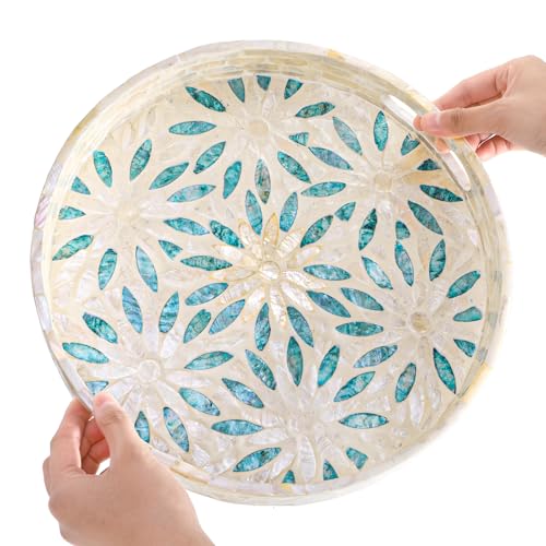 Mother of Pearl Decorative Serving Tray, 12 Inch Round Decorative Table Tray, Wood Coffee Table Ottoman Tray with Handles for Home Decor, Centerpiece Display,Tea, Breakfast