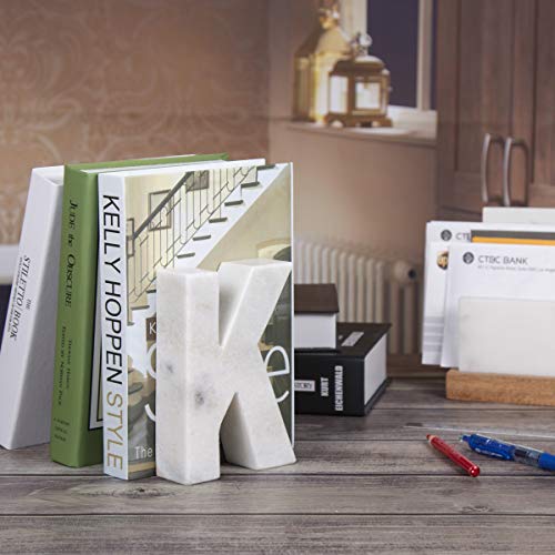 Creative Home Natural Marble Stone Letter K Bookends Paper Weight Office Shelf Organizer Table Top Decorative Piece, 4" W x 5.9" H, 1.5" D, Off-White