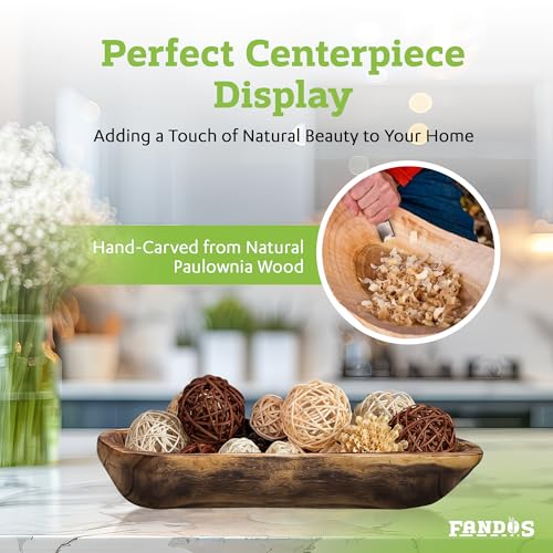 FANDOS Wooden Dough Bowl for Decor - 17¾ in Long Hand Carved Paulownia, Large Rustic Decorative Bowl for Home Table Centerpiece, Keys, Entryway Table, Catchall Tray & Wooden Dining Room Centerpiece