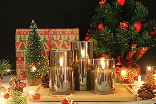 GenSwin Glass Flameless Candles with Remote Battery Operated Flickering LED Pillar Candles Real Wax 3D Wick for Wedding Festival Home Decoration(Gray,Pack of 3) - color: Black