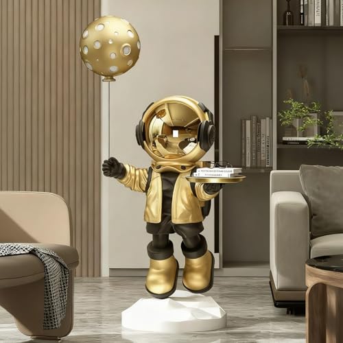 Large Astronaut Statue, Astronaut Sculpture, Astronaut Decoration, Cool Metal mask Decor, Floor Sculpture, Suitable for Living Room, Bedroom, Stores, etc., Tray can be Used for Storage - color: Glossy Gold