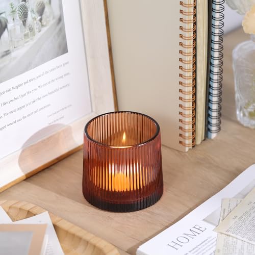 Amber Ribbed Tealight Votive Candle Holders Set of 10- Votive Candle Holders for Table Centerpiece, Tea Light Candle Holder Glass for Wedding and Home Decor, Blue Decor and Gifts - color: Amber, size: 10Pcs