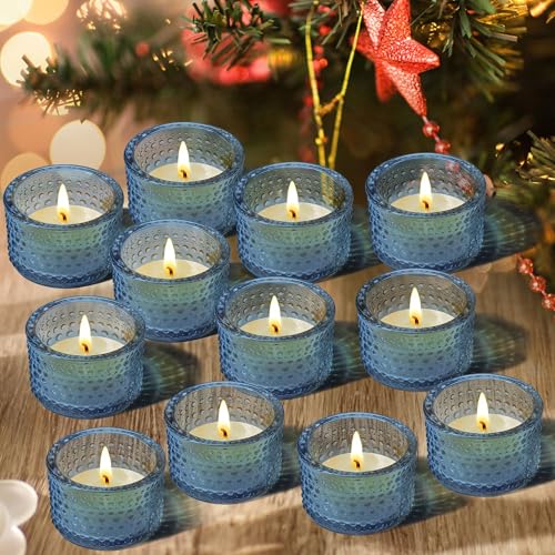 JOYIT Blue Votive Candle Holders Bulk Set of 12, Tealight Candle Holder for Wedding Table Centerpiece, Glass Small Candle Holders for Birthday Party, Valentine's Day, Home Decor (2''X 1.4'') - color: Embossed_blue