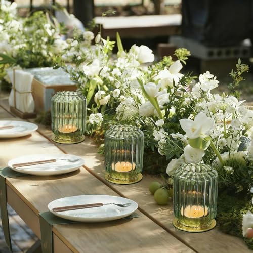 Vixdonos Glass Hurricane Tealight Candle Holder with Metal Candle Stand,Set of 3 Modern Windproof Votive Candle Holders for Wedding Party Table Centerpiece Outdoor,Green - color: Green