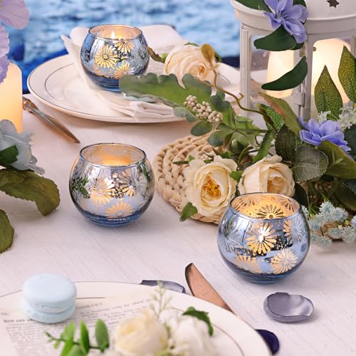 Blue Mercury Glass Votive Candle Holders Set of 12, Round Tealight Candle Holders Bulk for Table Centerpieces, Weddings, Shower Gifts, Party Decorations - color: Blue