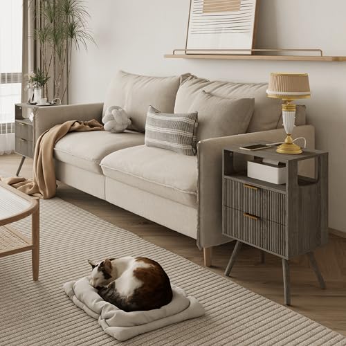 JOONEE Nightstand with Charging Station and LED Lights,Modern Bedside Table with 2 Storage Drawer and Open Wood Shelf, for Bedroom and Small Spaces,Night Stand with Solid Wood Legs,GreyOak - color: Greyoak