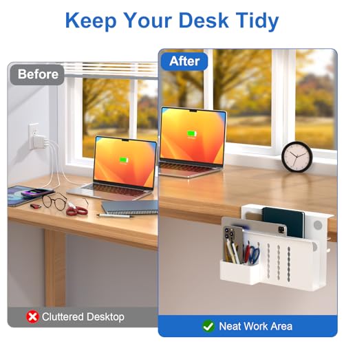 HAMOPY Desk Side Storage, 2 Tier Steel Hanging Desk Organizer with Magnetic Pen Holder, No Drilling Standing Desk Drawer Cable Management Tray, Under Table Laptop Holder for Office, School&Home(White) - color: White, size: Double(2 Tier)