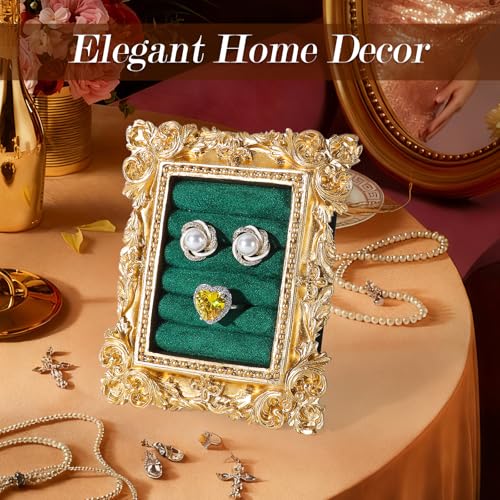 Vintage Ring Holder Rectangle Gold Velvet Display Stand - Baroque Jewelry Organizer Box Tray for Wedding Engagement Anniversary Women Birthday Christmas Gift Photograph Prop (MPF05-Gold Green) - color: MPF05-Gold Green