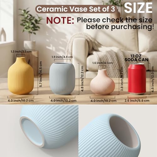 Set of 3 Small Matte Vibrant Ceramic Vases in Light Blue, Mustard Yellow and Beige - Modern Minimalist Ribbed Decor for Centerpiece, Farmhouse Living Room, Kitchen Shelf, Gift Idea - color: Round-white/Blue/Yellow